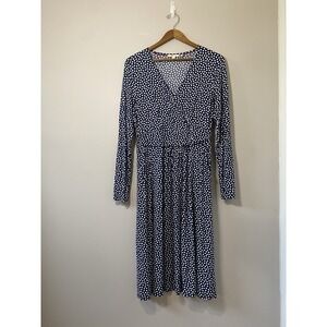 Boden‎ Dress Womens 10L Blue White Polka Dot Faux Wrap Long Sleeve Stretch Midi